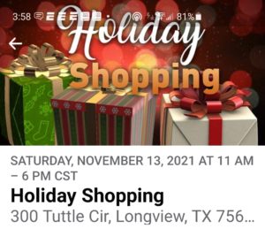 Get ready to do some fantastic shopping with some local vendors. We will also have food trucks . Let’s not wait till the last minute to do our holiday shopping.